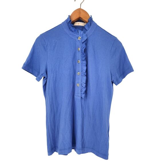 Tory Burch Blue Lydia Ruffle Polo Shirt Women's Size Medium - Picture 2 of 8